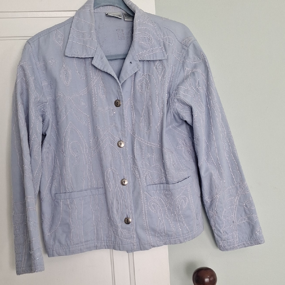 Chico's Light Blue Beaded Embroidered Jean Jacket